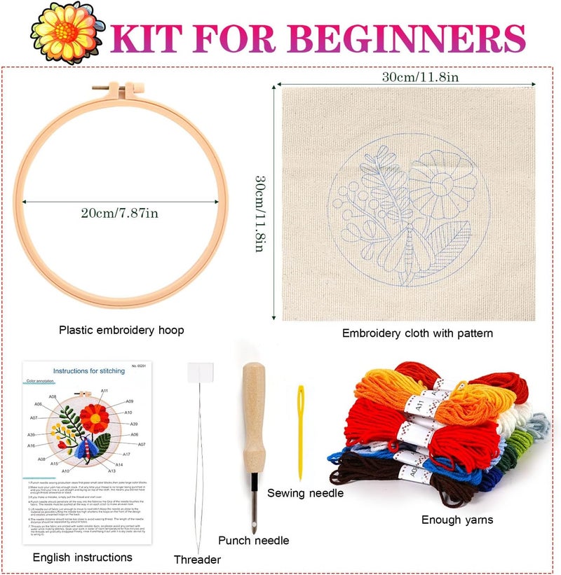 KESTAR Punch Needle Embroidery Starter Kits, Flower Dragonfly Punch Needle Kits for Adults Beginner, Needle Punch Kit Tool with Instruction Threader Fabric Yarns and Hoop - Image 5